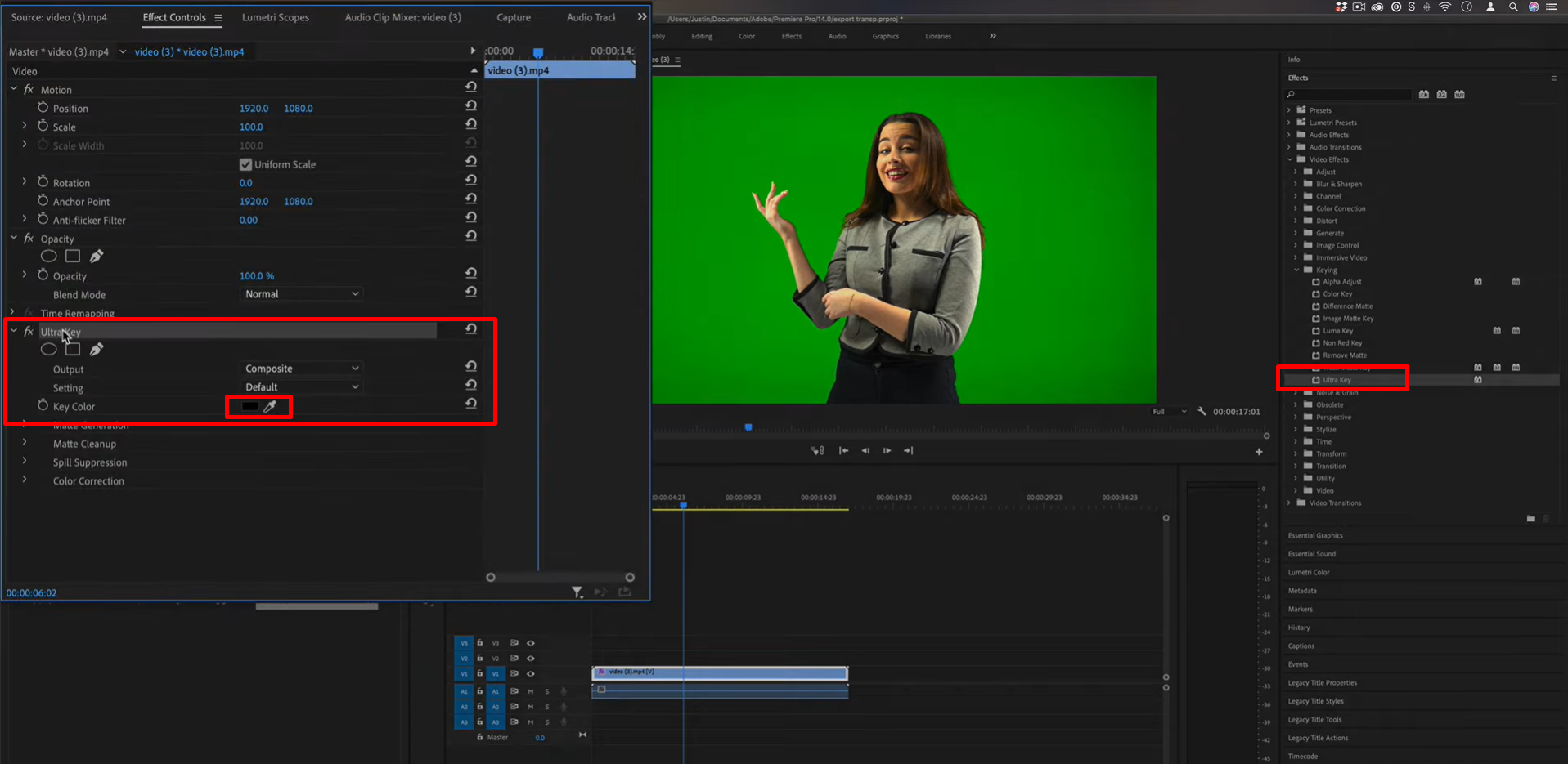 Locating and preparing the Ultra Key effect in Premiere Pro