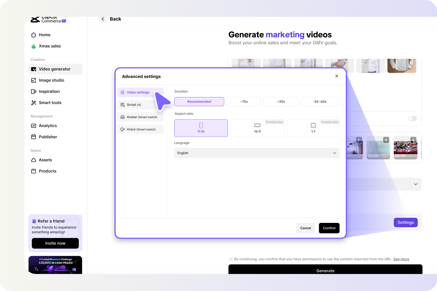 description=Pippit's 'Link to Video' interface, showing a user pasting a product page URL and the AI generating video concepts.