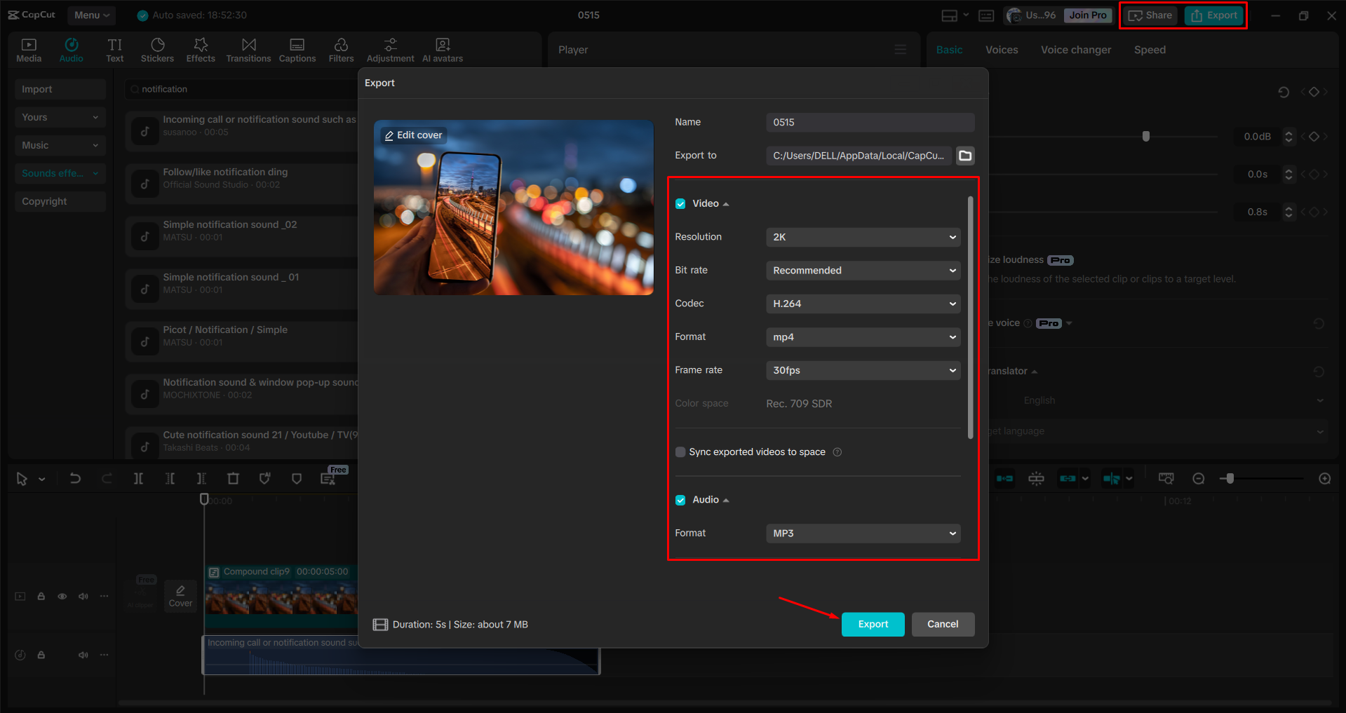 Exporting a video from the CapCut desktop video editor