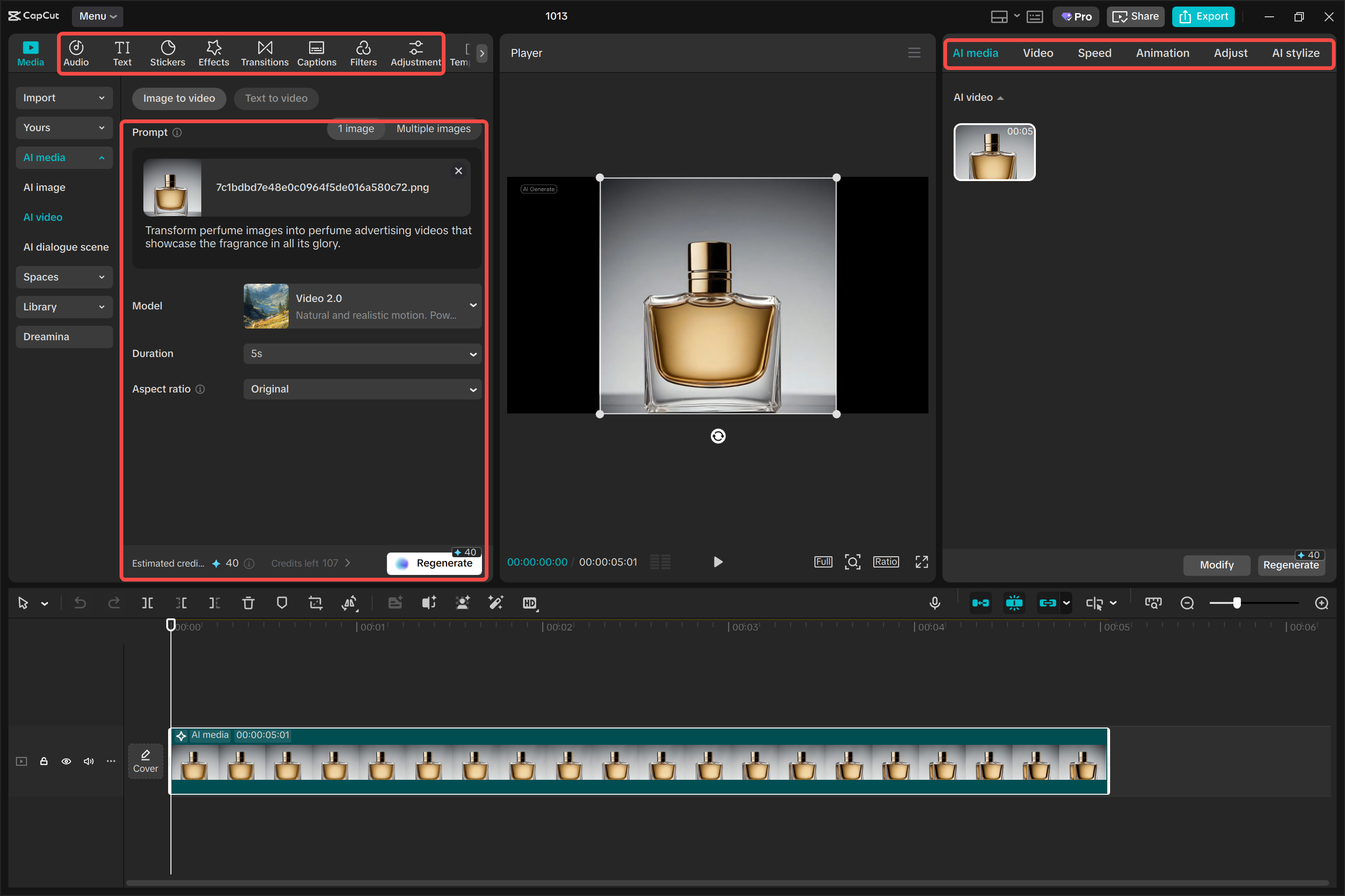 Converting an image to a video in the CapCut desktop video editor