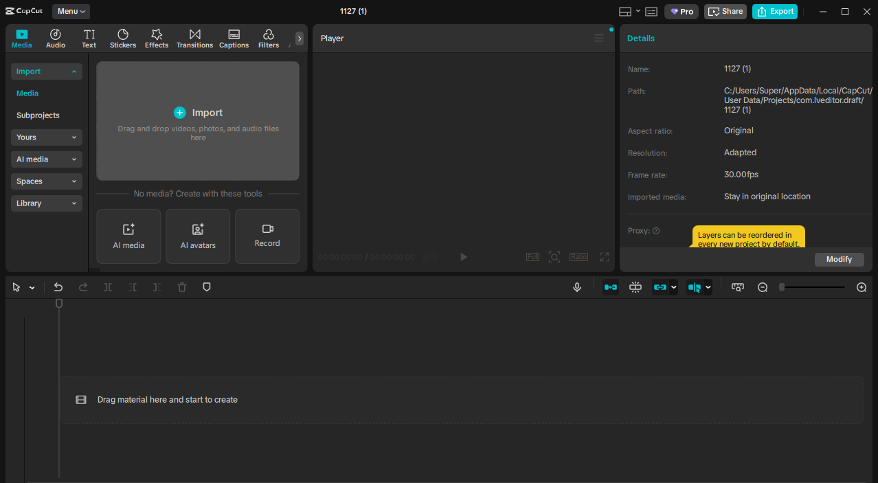 Importing video in CapCut PC