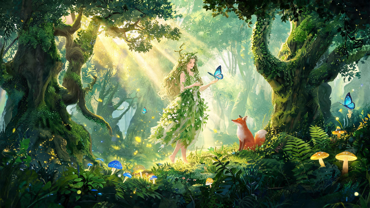 Forest spirit walking through ancient woods