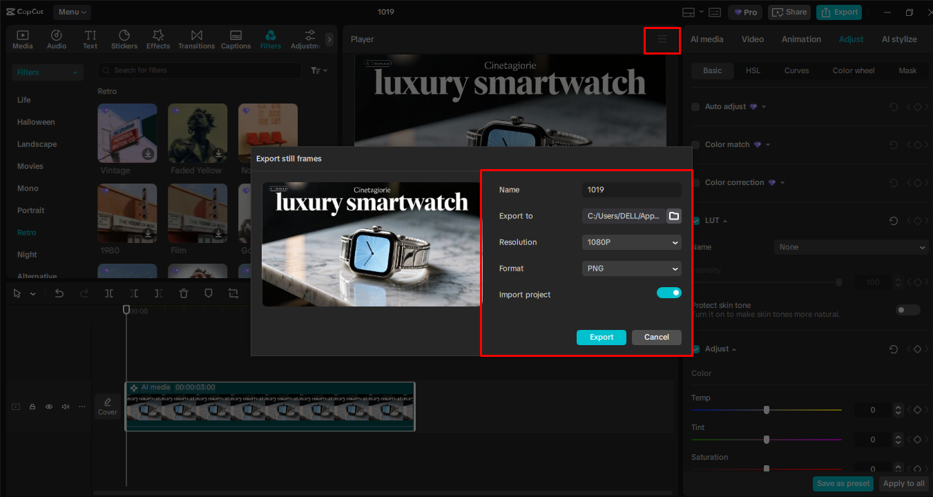 Download images from the CapCut desktop video editor