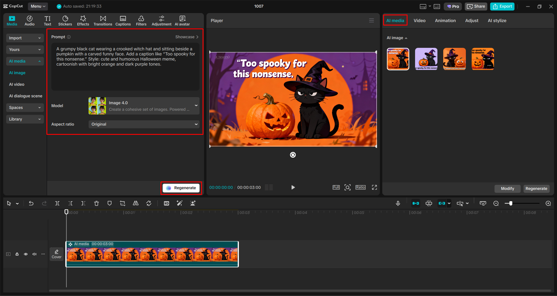 Converting text to a cat meme with the CapCut dekstop video editor