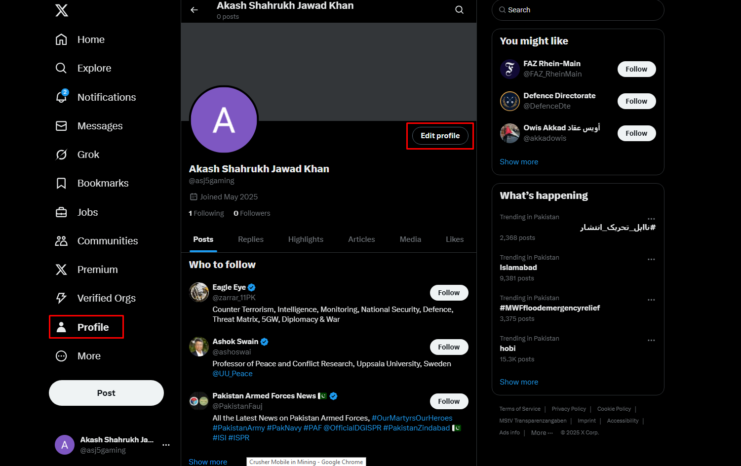 Log in to Twitter and access your profile