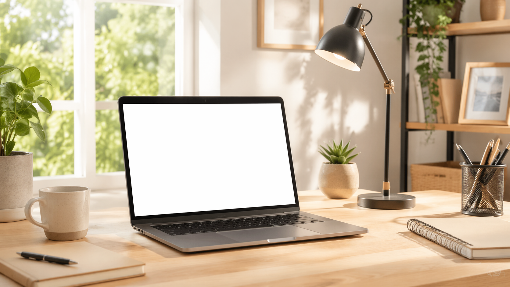 Dreamina MacBook Mockup Prompt Beispiel 6: Bright Home Office Laptop