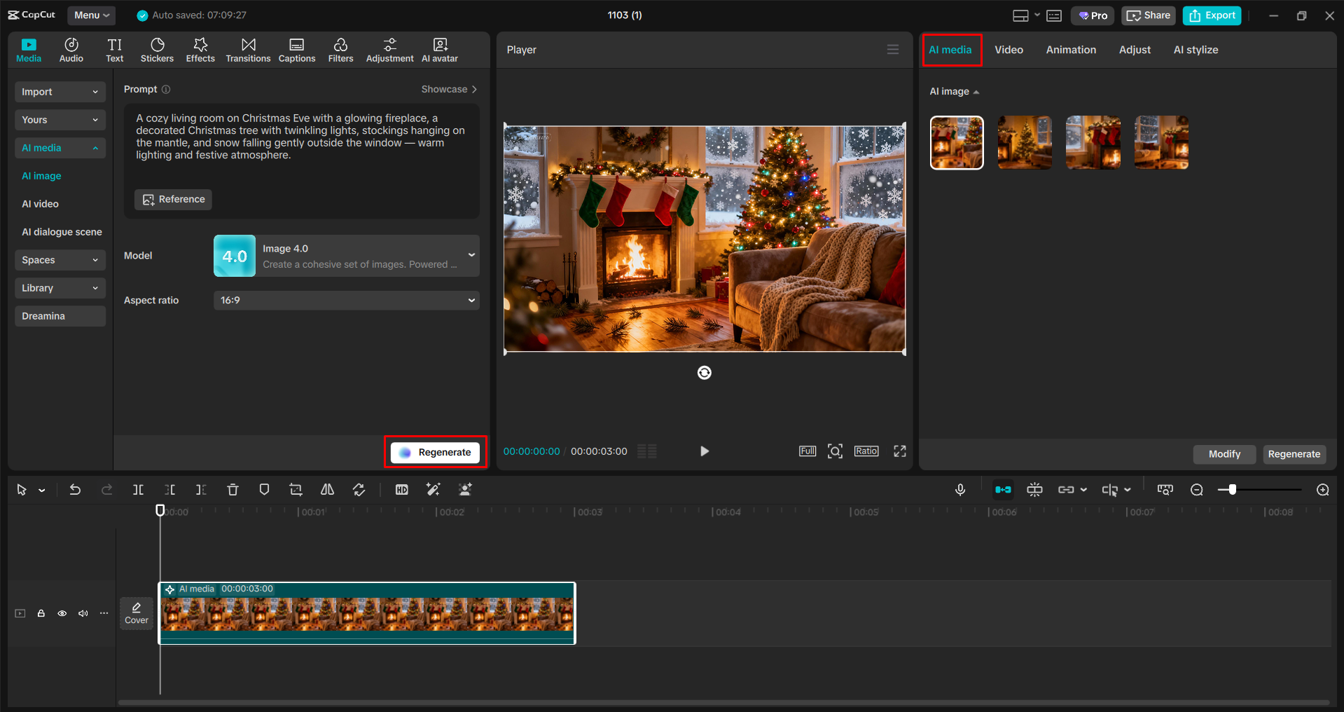 Converting a text prompt to a Christmas Eve image with the CapCut desktop video editor