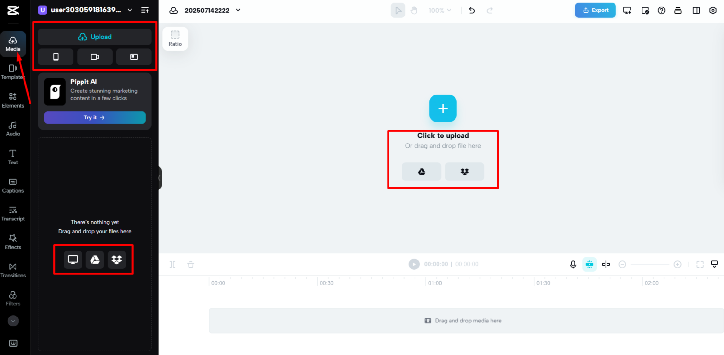 การนำเข้าวิดีโอใน CapCut Web