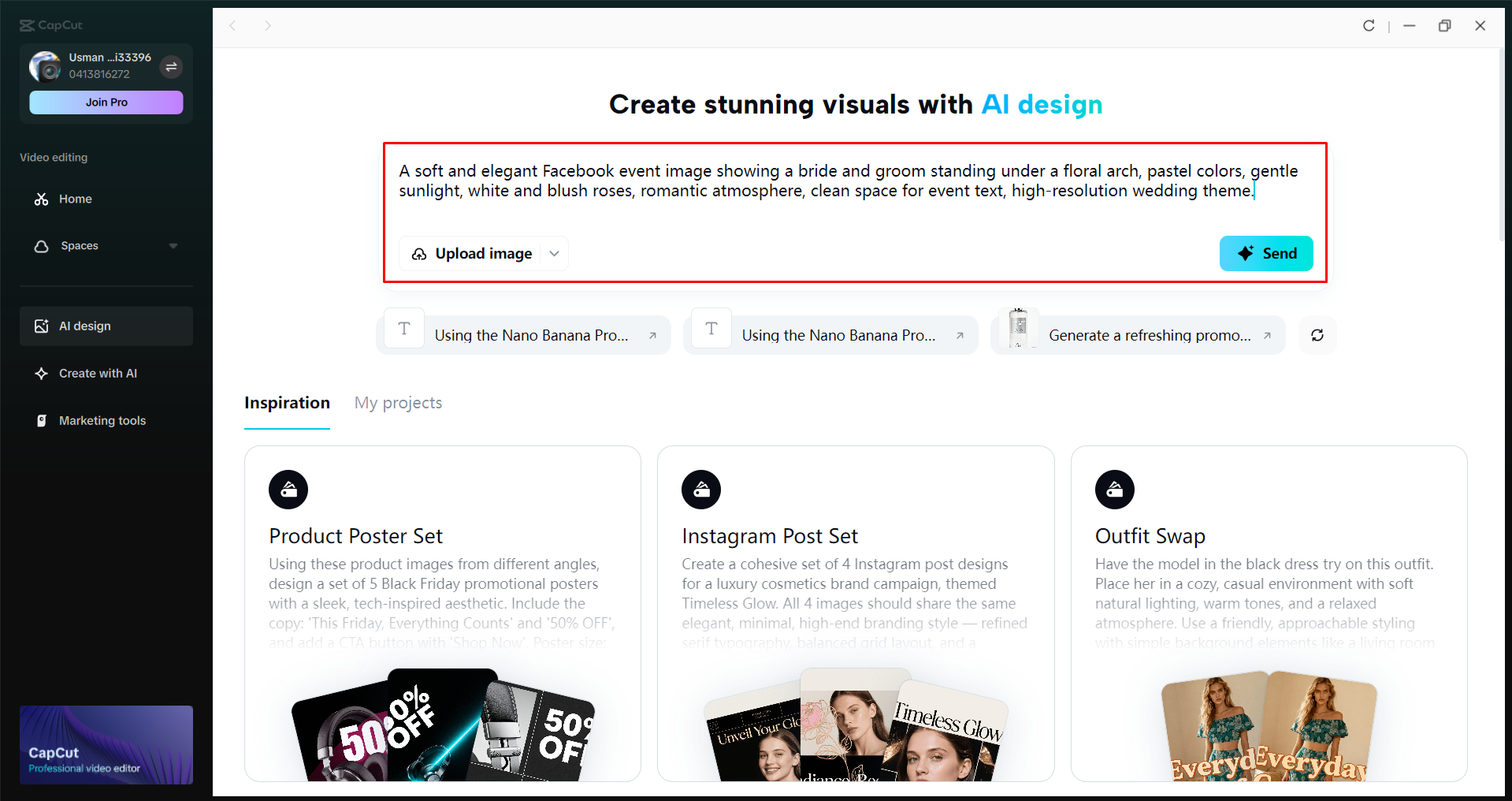 Accessing the AI design tool in the CapCut desktop video editor