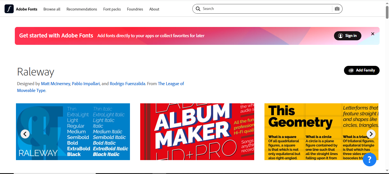 Interface of Adobe Fonts - best tool to download Raleway font for free