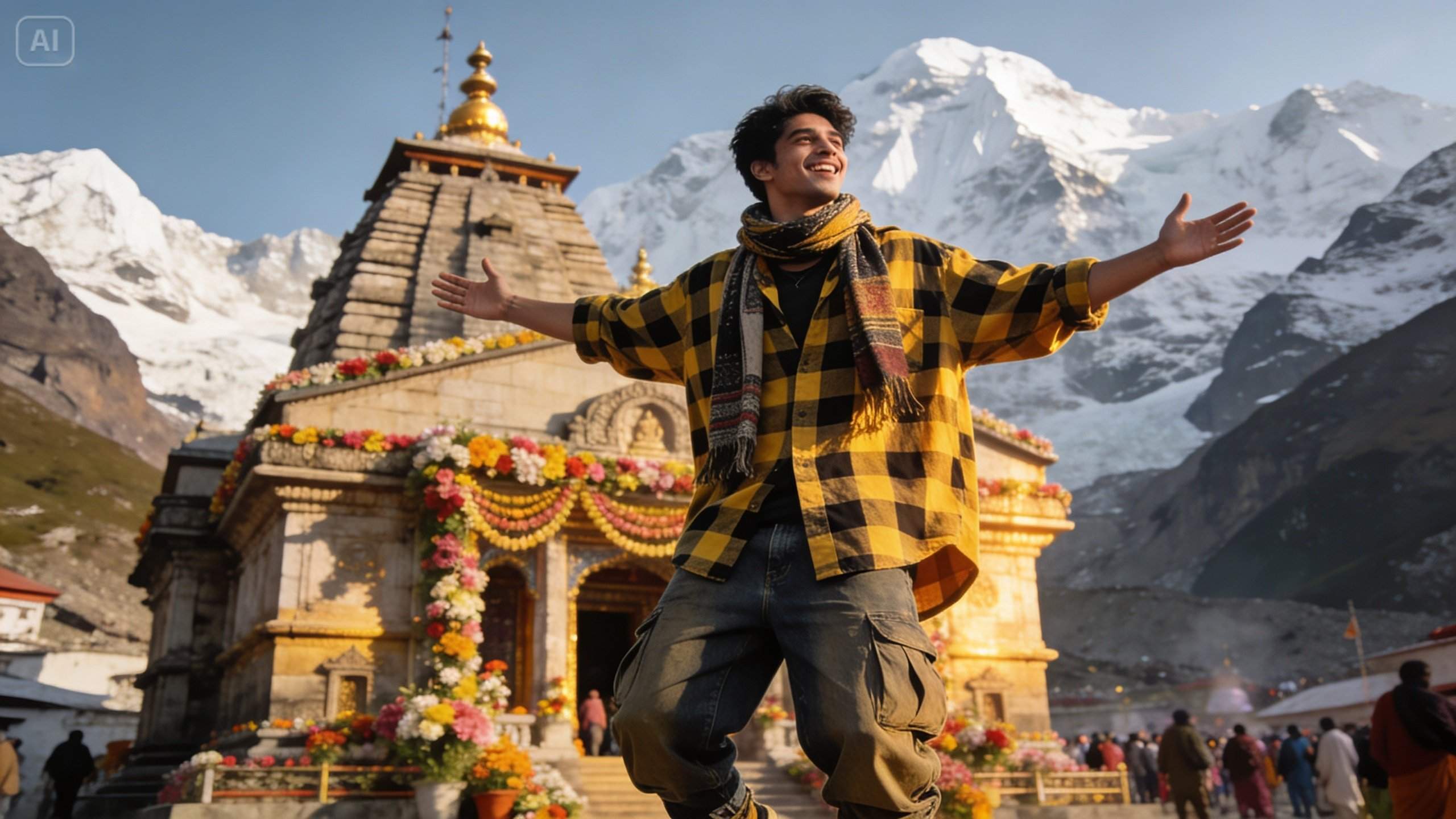 Reference-led consistency mockup for Kedarnath Temple guides using Dreamina’s AI image generator style control.