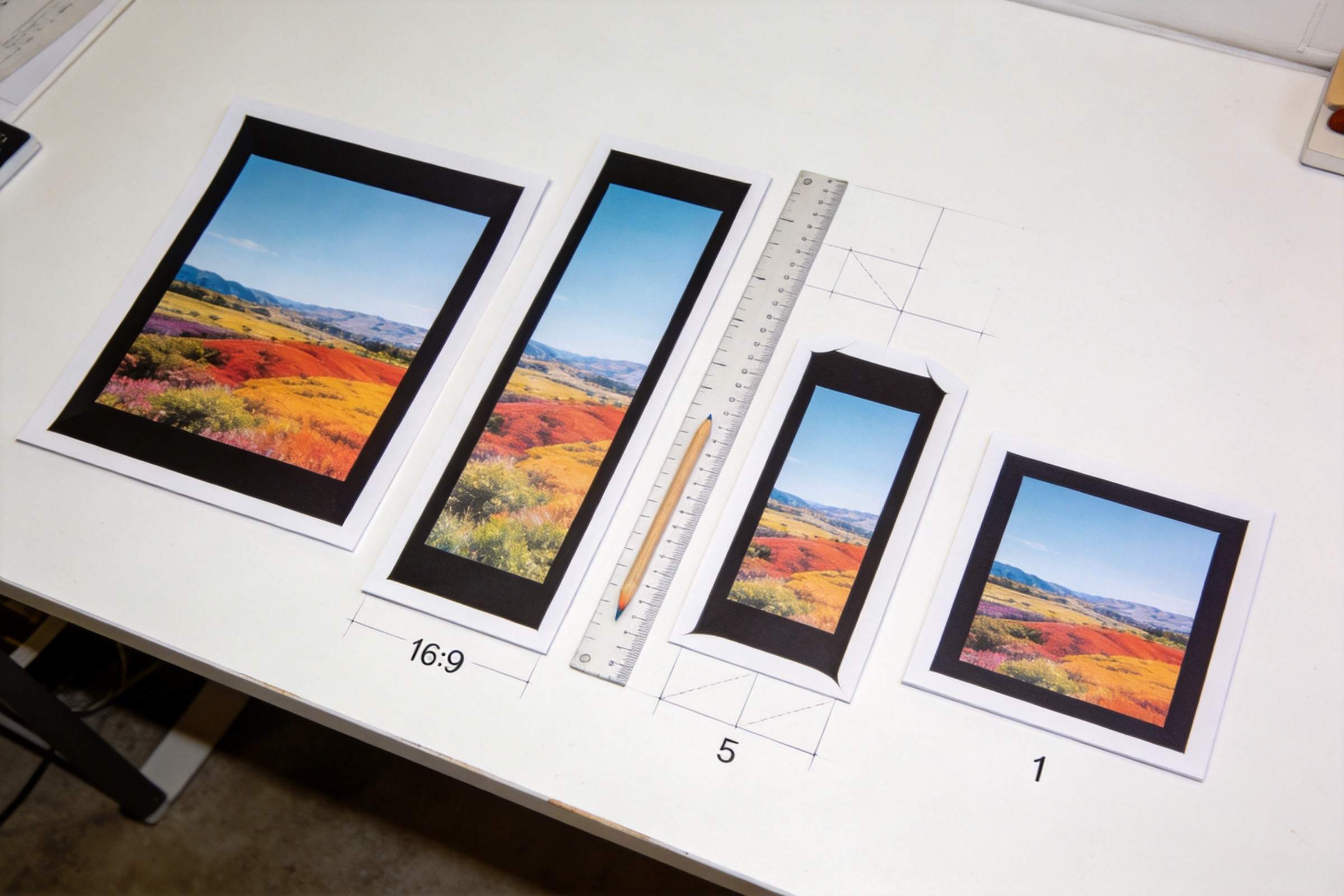 Printed landscape photos in 16:9, 4:5, and 1:1 layouts on a desk with ruler and pencil
