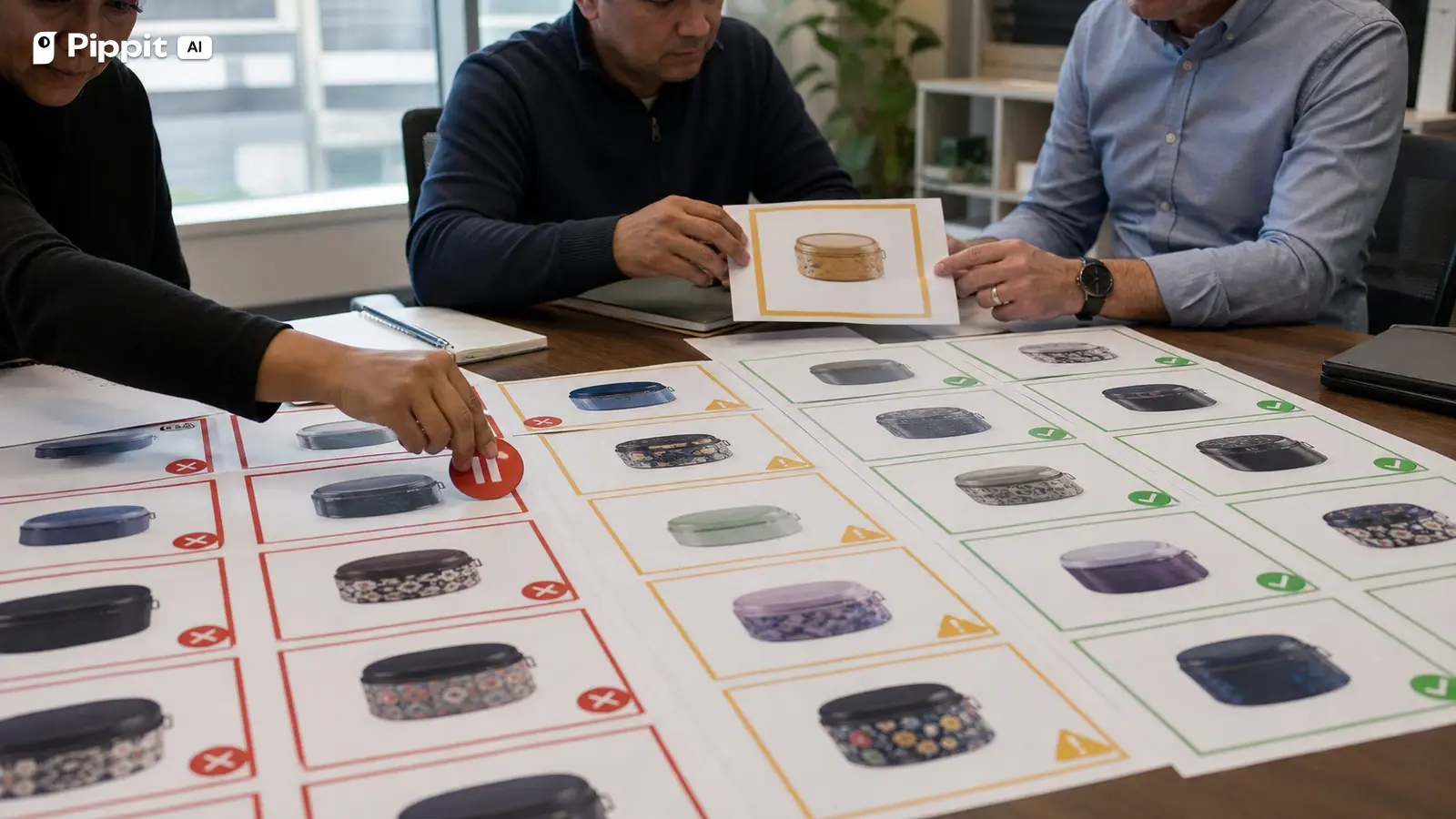 A team sorts product proofs into critical, major, and approved groups and pauses a failing batch.