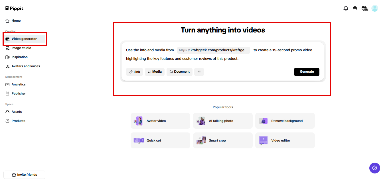 Öppnar videogenerator i Pippit