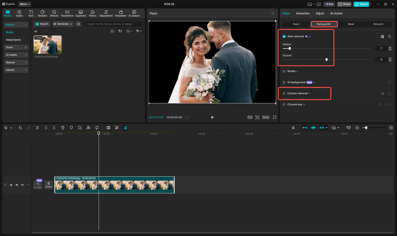 Cut out the image background using CapCut's auto removal