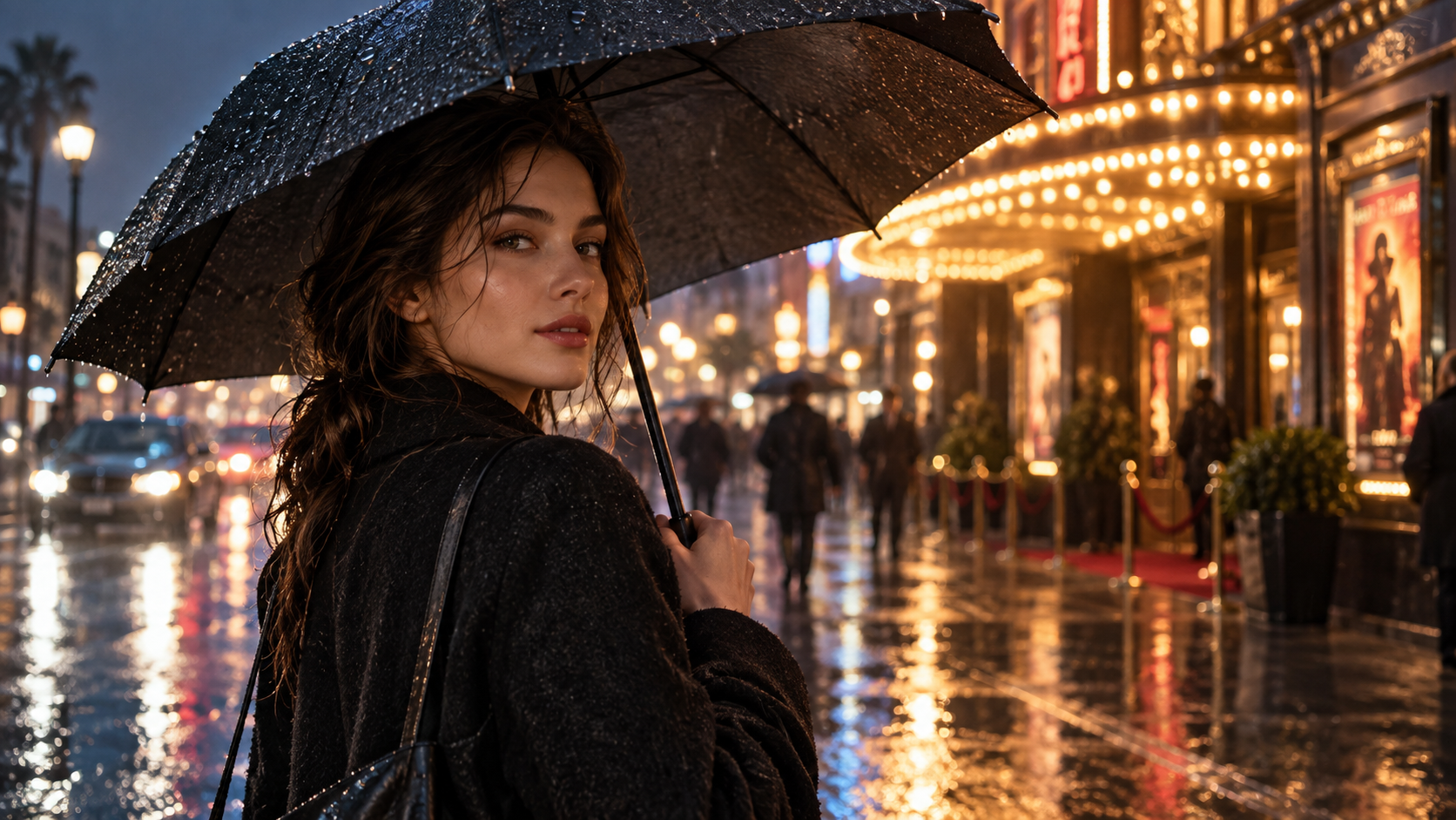 cinematic background portrait prompts: Rainy Cinema Street