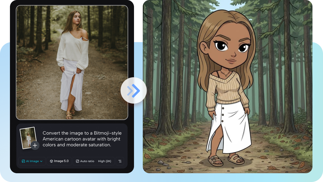  AI bitmoji maker turning photo into cartoon avatar with customizable text.
