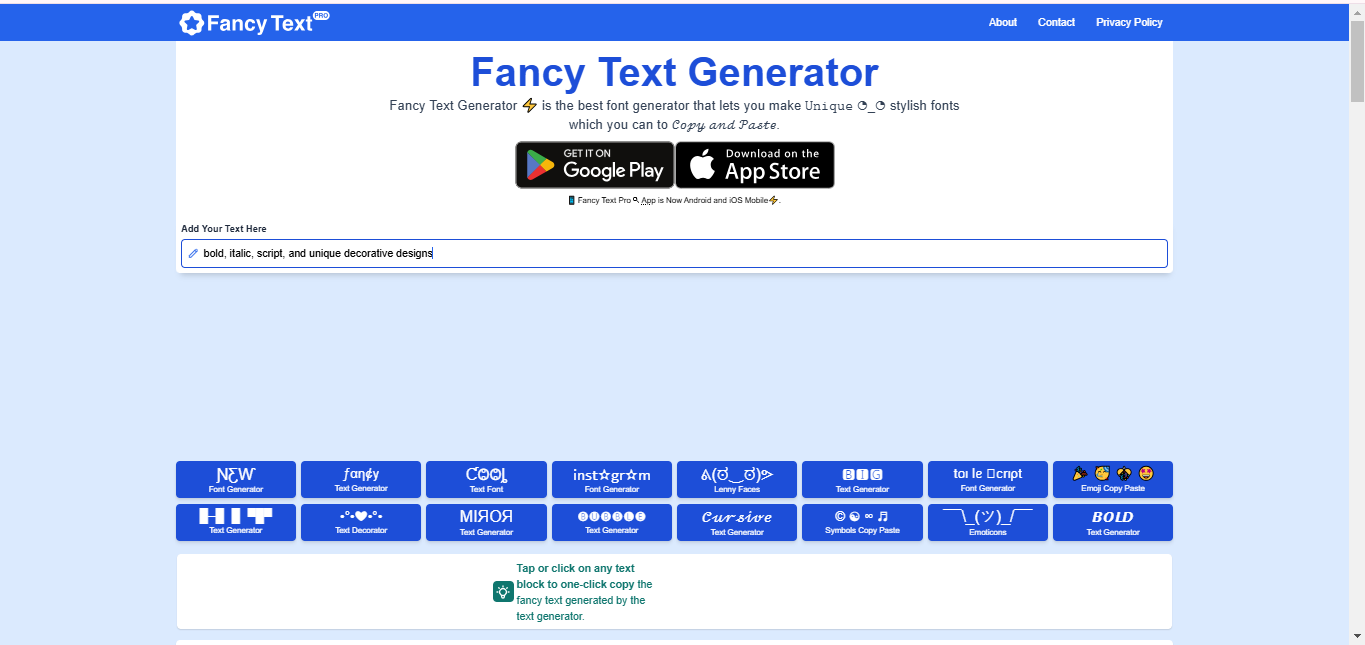Interface of Fancytextpro - one of the best tools to get fancy text writing