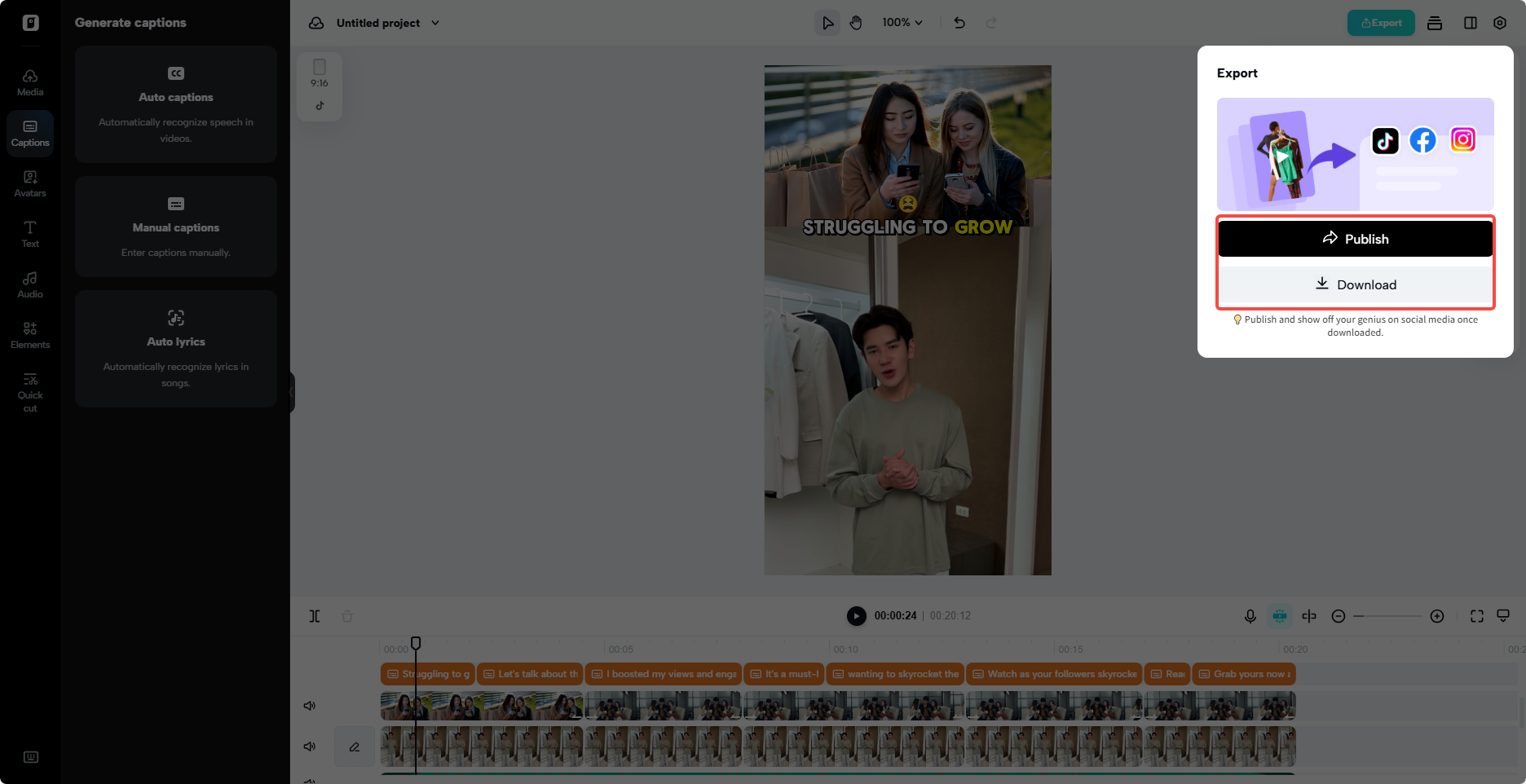 Publique ou baixe o vídeo criado