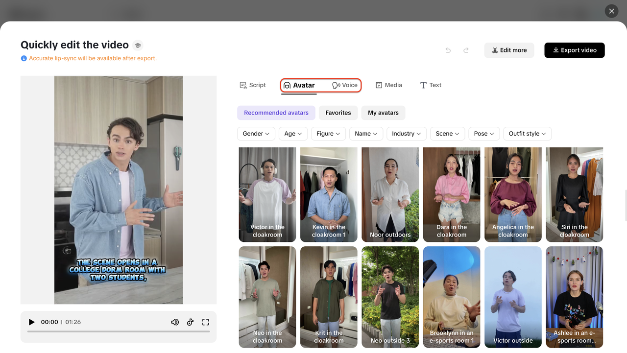 Edit avatar and voice in script