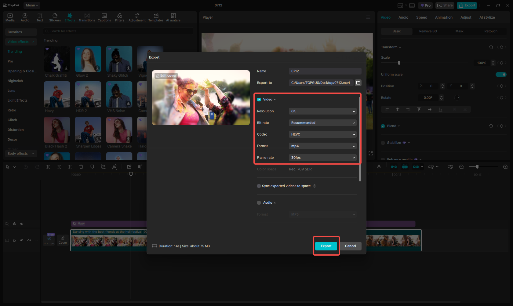 Exporting the festival music background video in CapCut