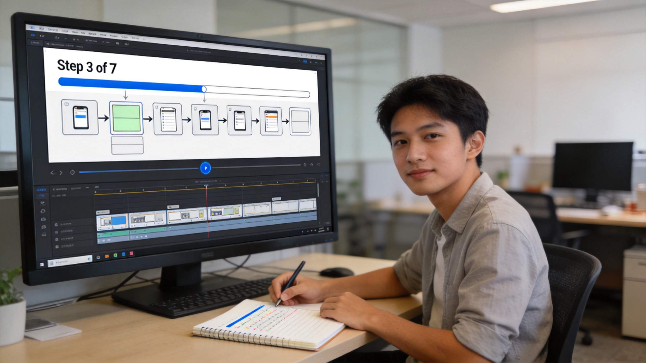Person editing a tutorial video on a desktop monitor with a Step 3 of 7 progress indicator