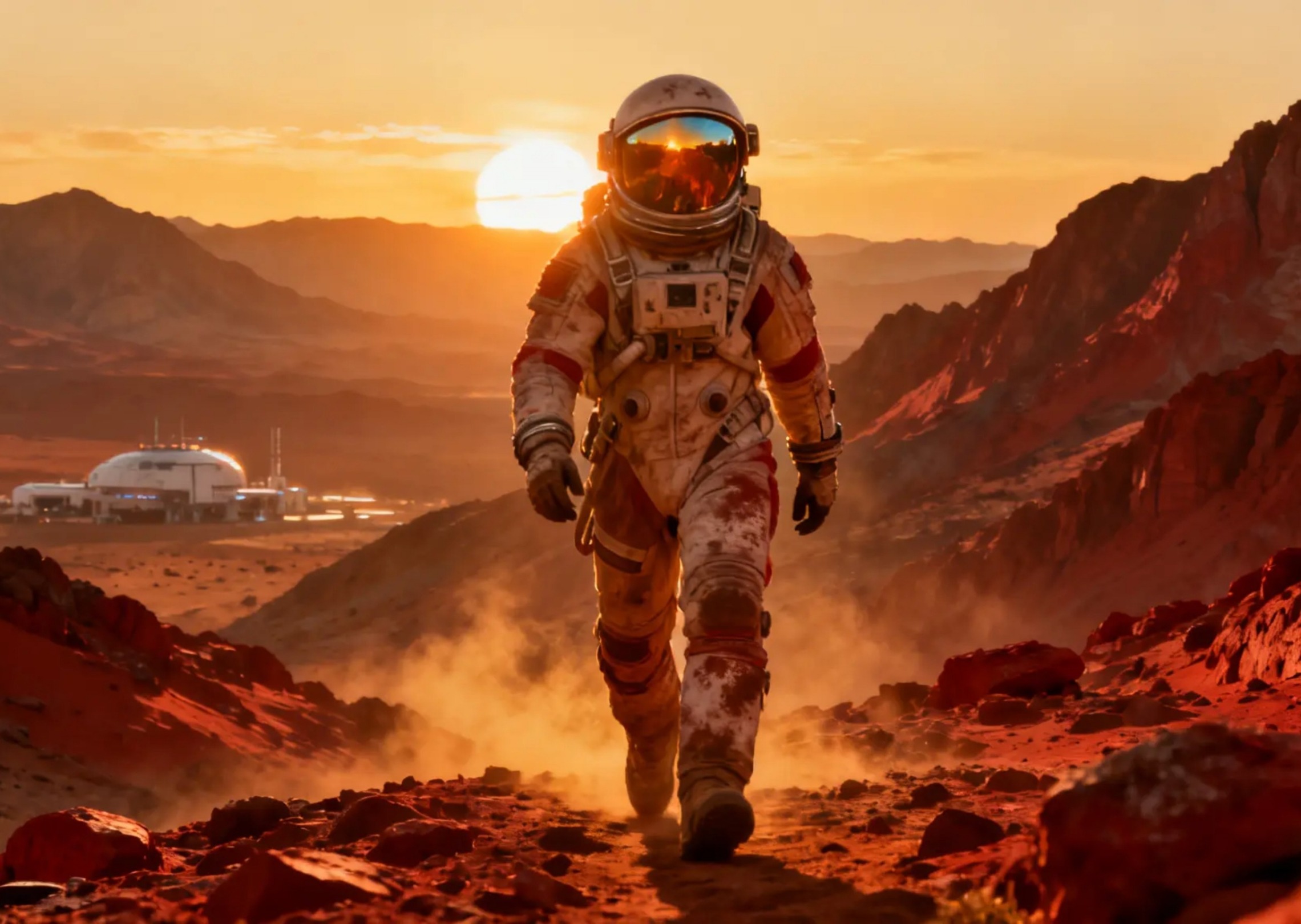 A lone astronaut walking across rugged Martian mountains