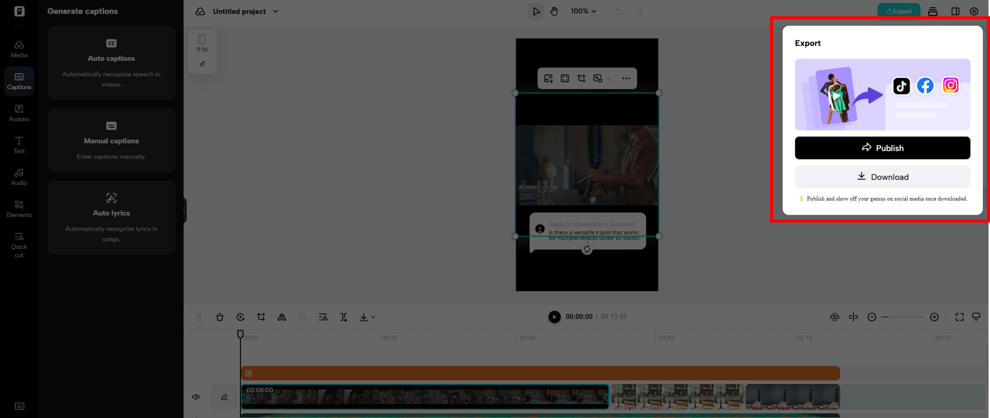 Publique ou baixe o vídeo que você criou