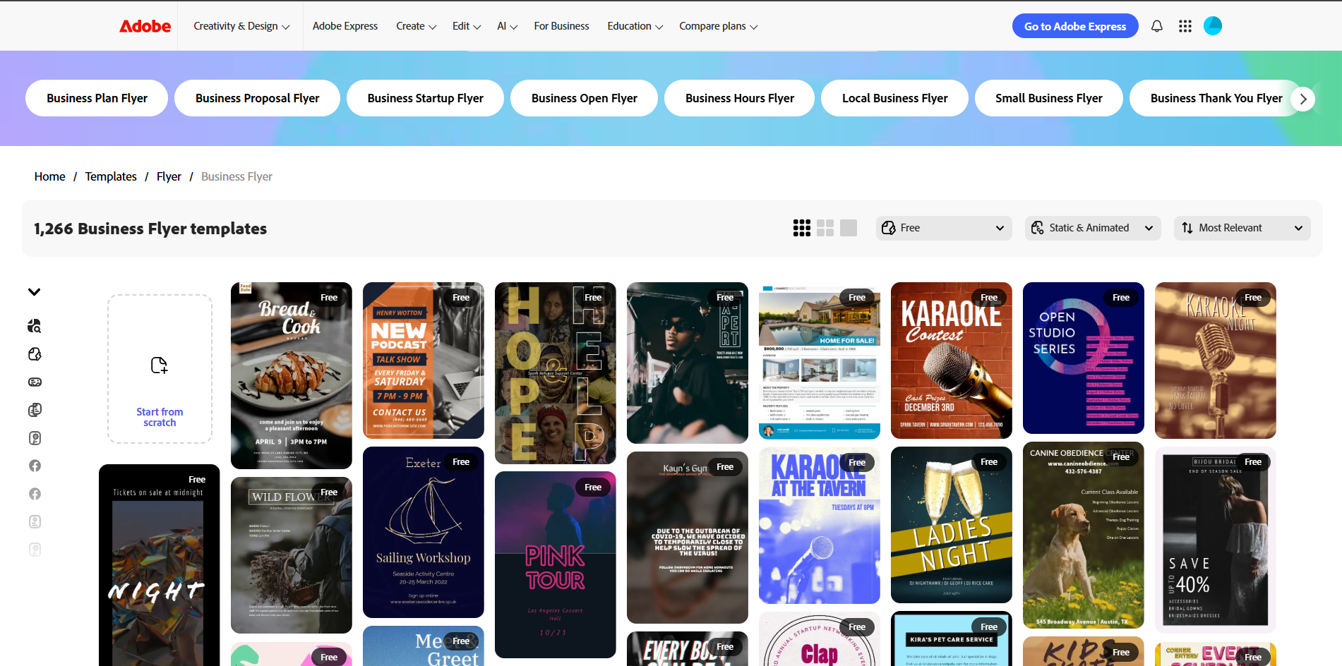 Schnittstelle von Adobe Express – ein gutes Werkzeug, um kostenlose Geschäftsflyer-Vorlagen zu erhalten.