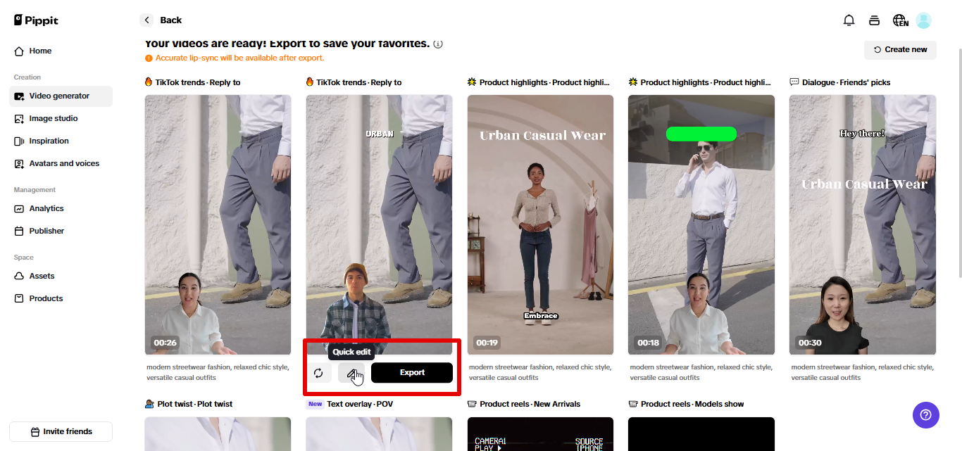 Exporting video from Pippit
