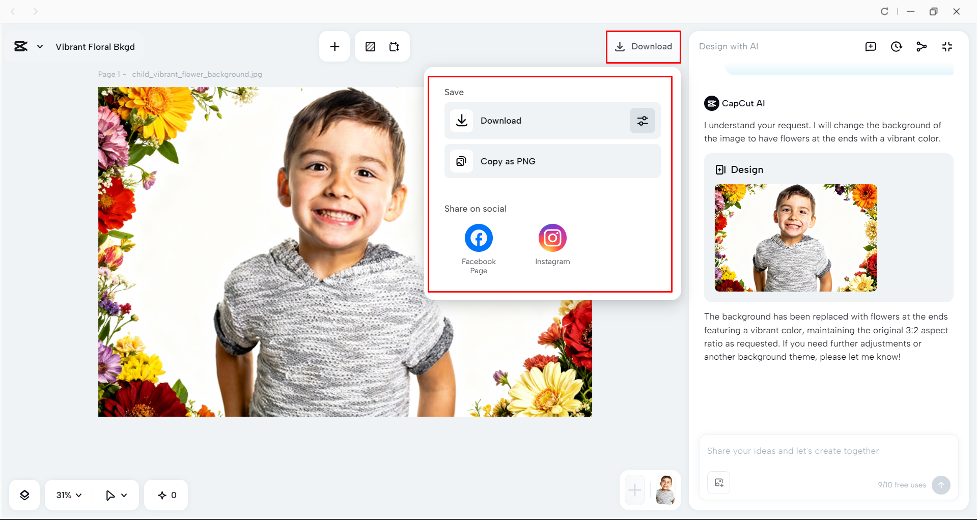 Downloading the image from the CapCut desktop video editor