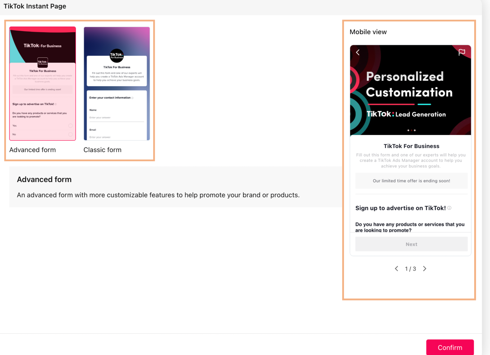 Hinzufügen eines neuen Formulars für das TikTok-Konto
