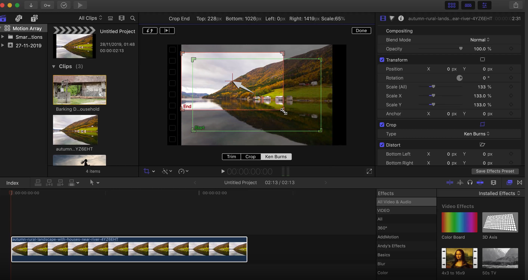 Показано, как добавить анимацию Ken Burn к изображению в FCP