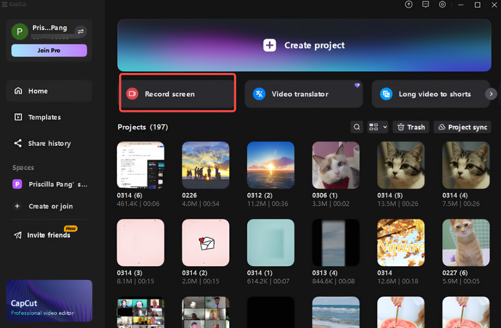 Starting the screen recording in CapCut