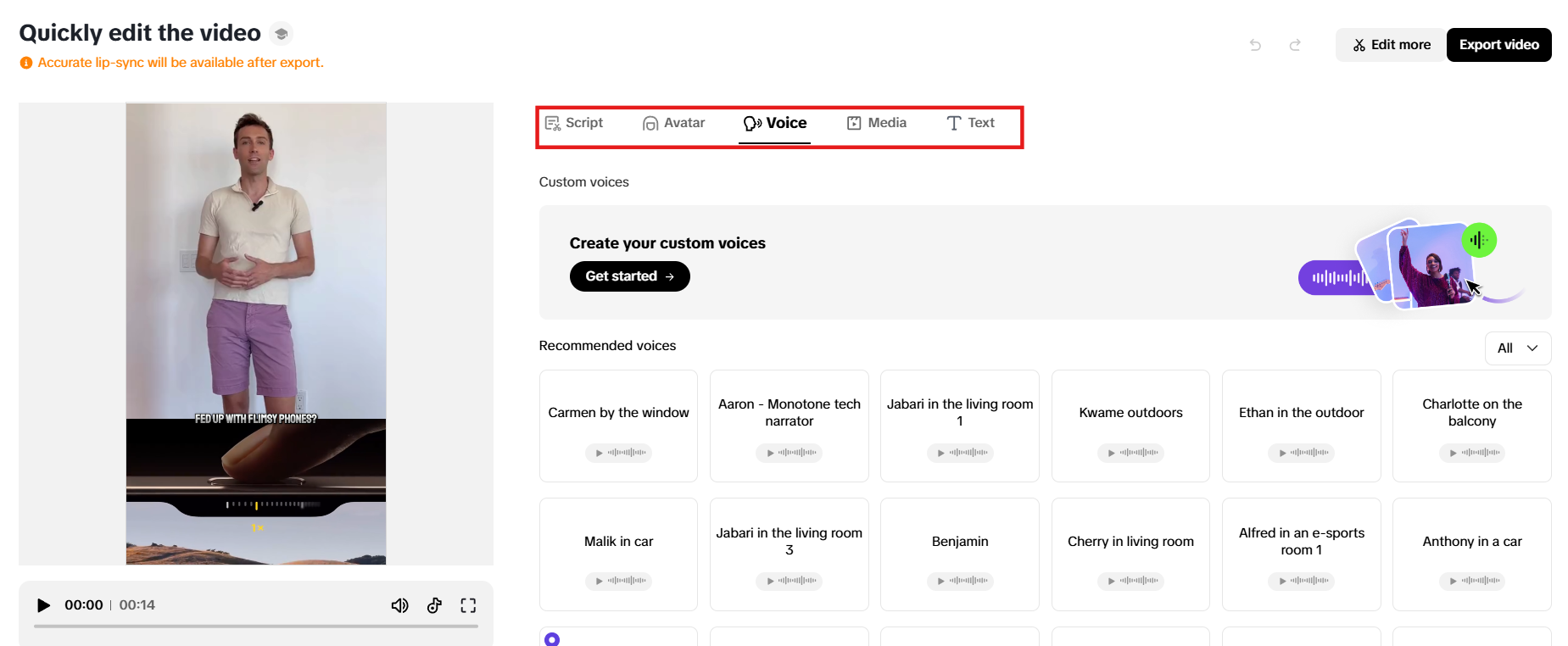 Baguhin ang script, avatar, boses, media, at teksto
