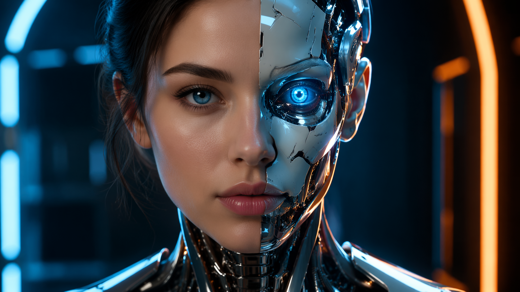 Dreamina AI cyborg filter prompt example 5: Circuit Reflection Scene