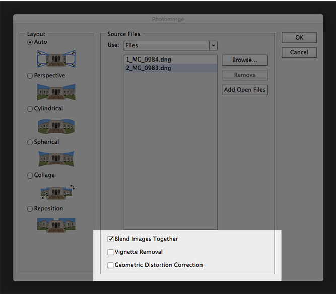 Choosing a layout option to stitch photos in Photoshop