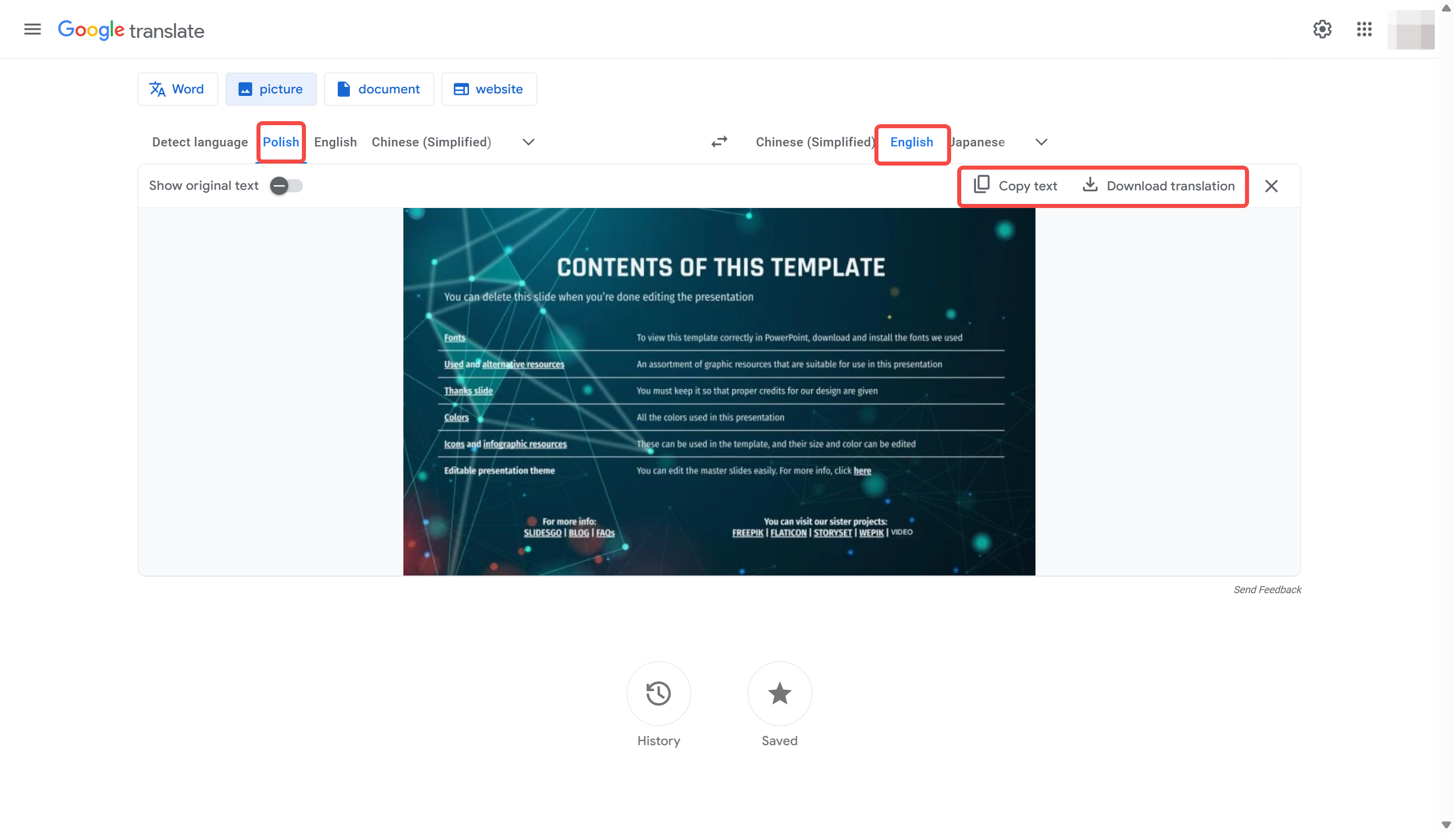 Using image input to translate Polish to English on Google