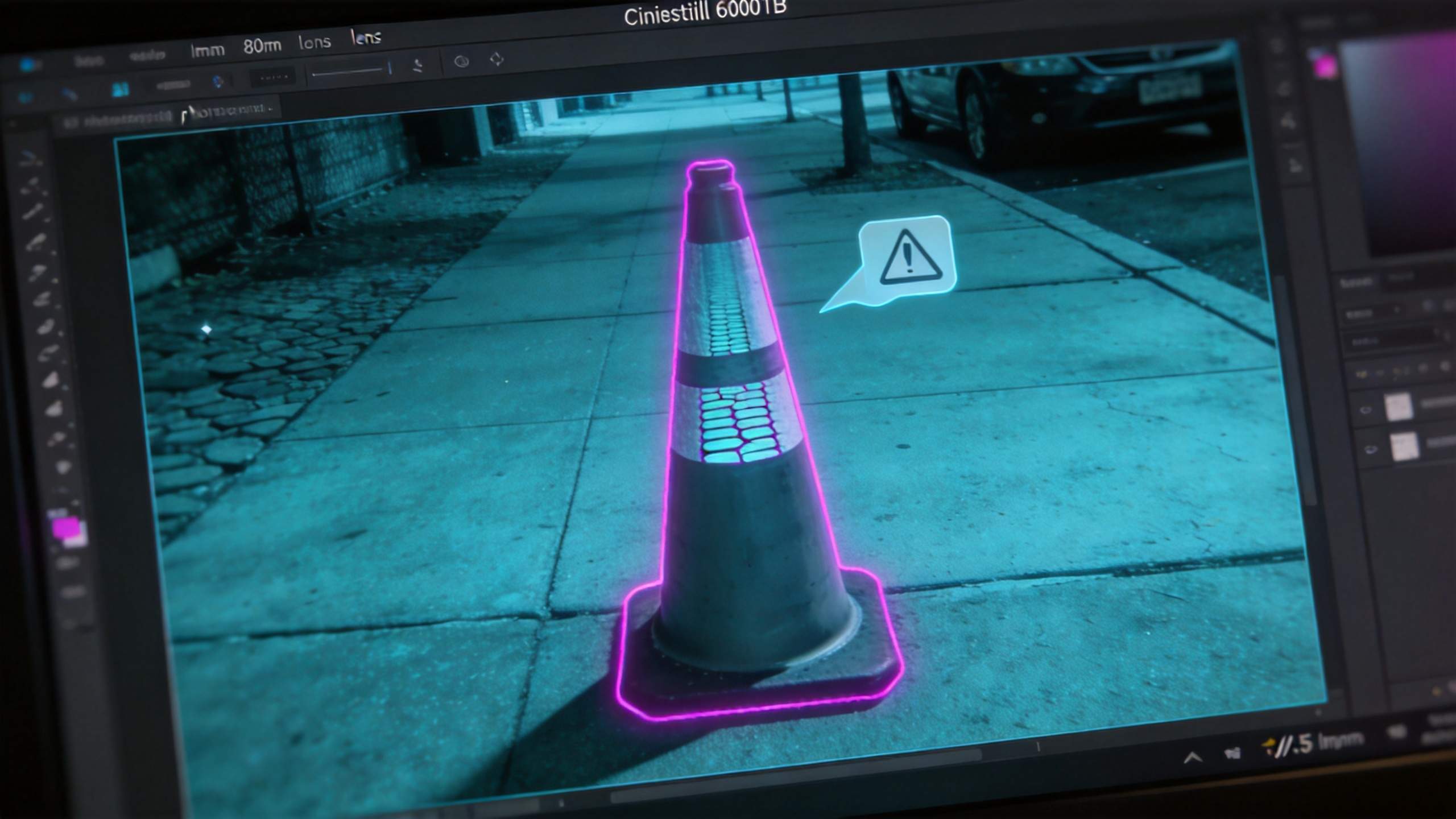 Traffic cone outlined in neon pink in a video editing interface
