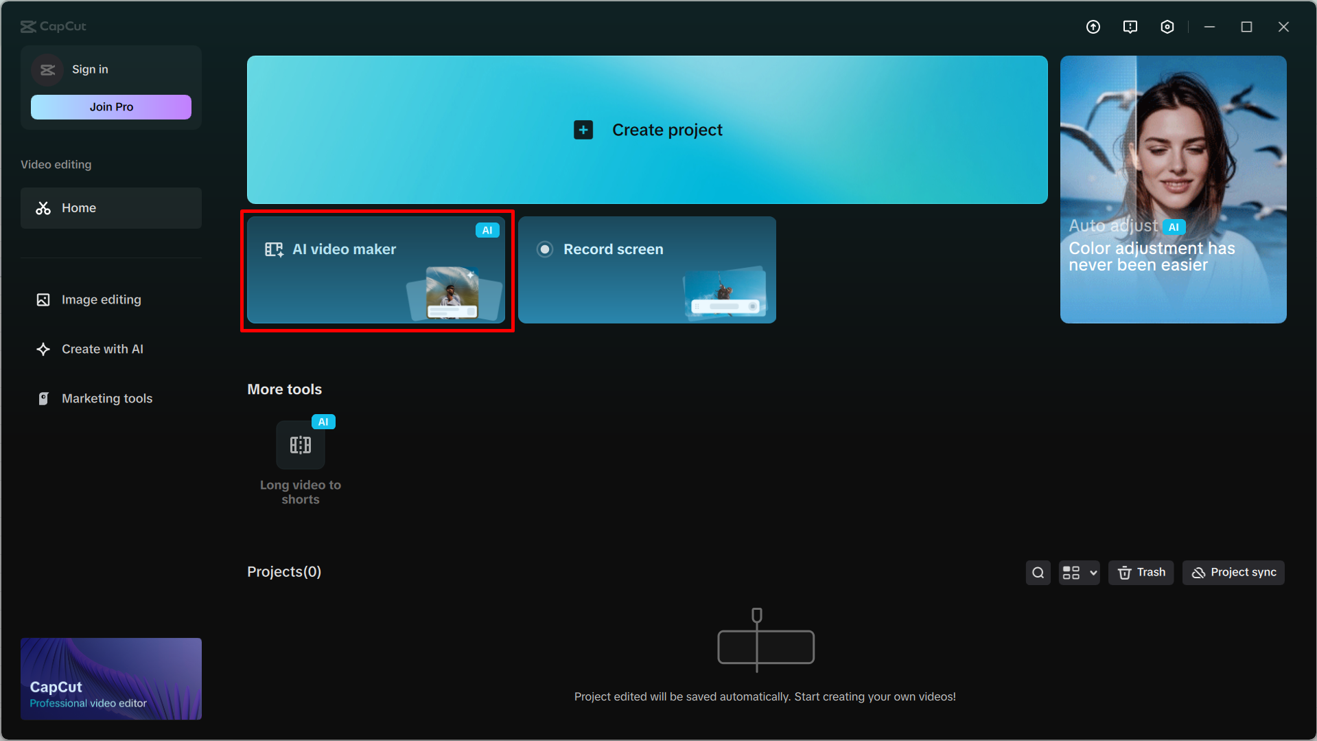 Acceso al creador de videos de IA en el editor de video de escritorio capCut