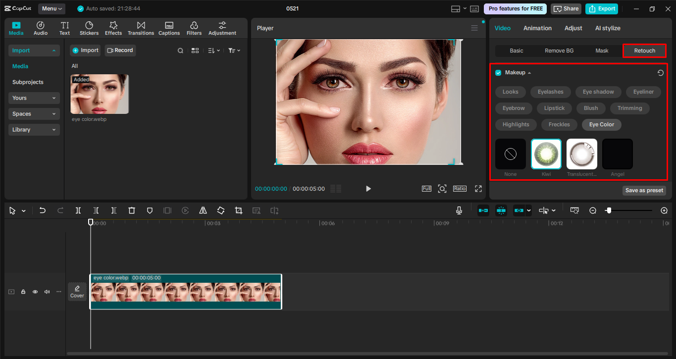 Modifying the eye color in the CapCut desktop video editor
