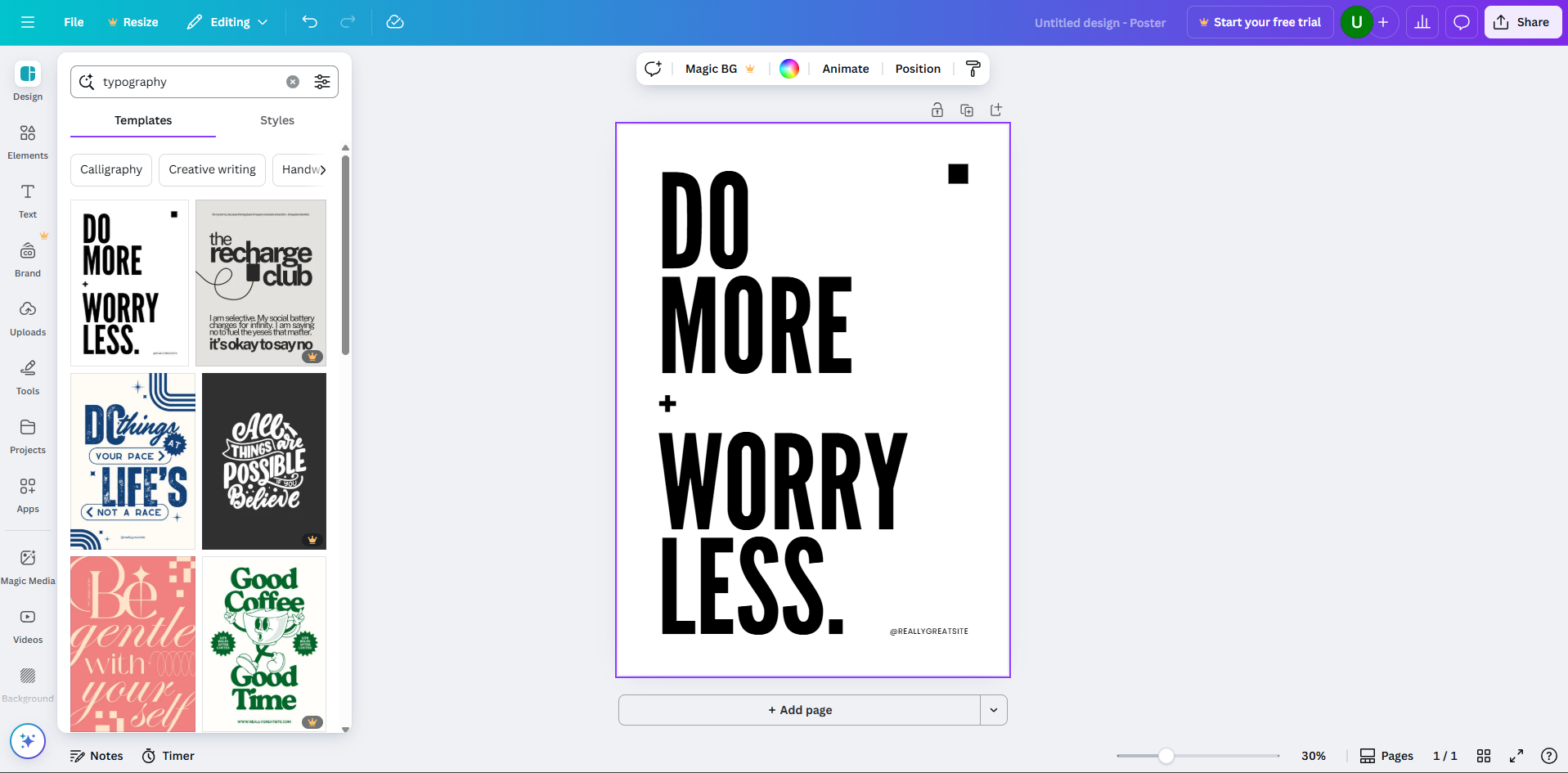Interface of Canva - an online tool for editing typography poster designs