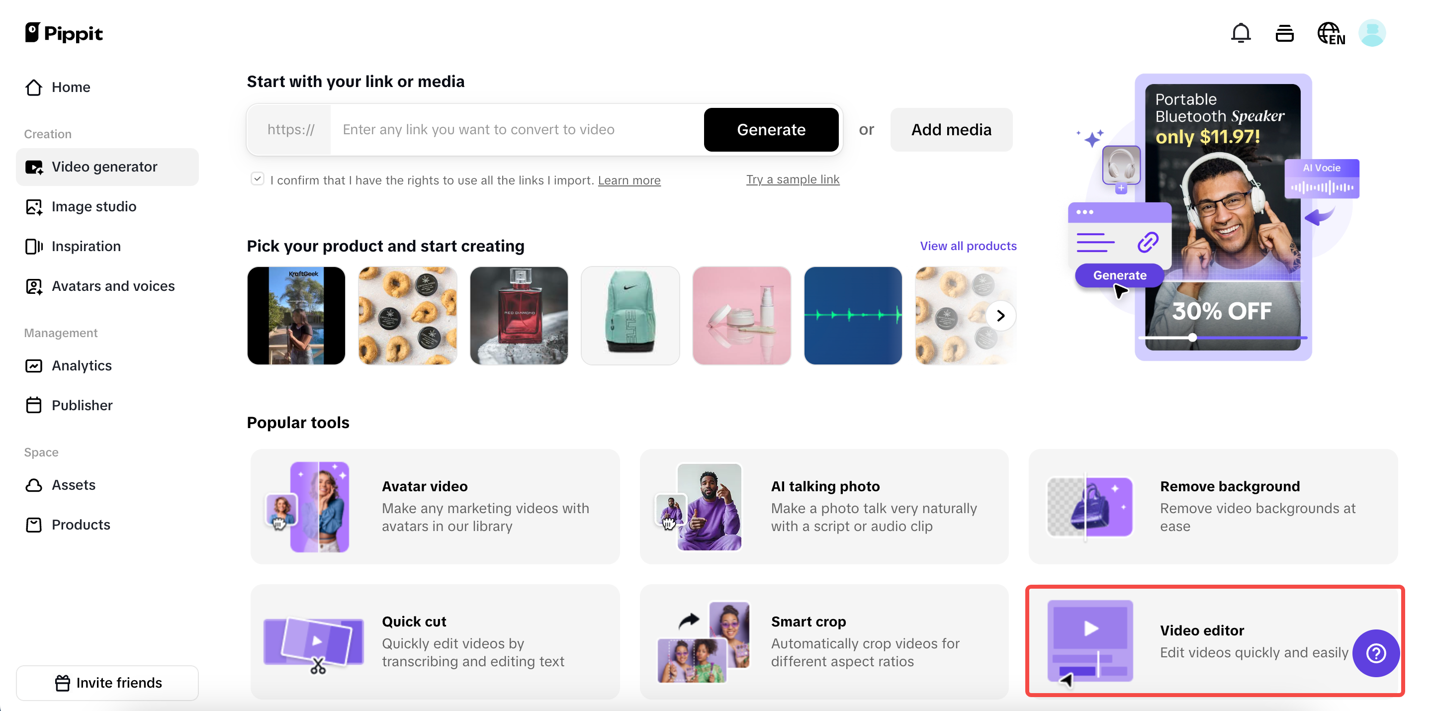 Go to the video editor and upload your video