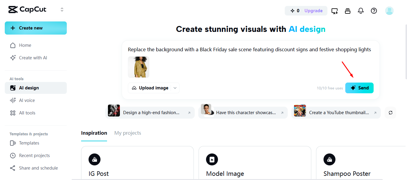 Giving a prompt to replace the image background in the CapCut desktop video editor