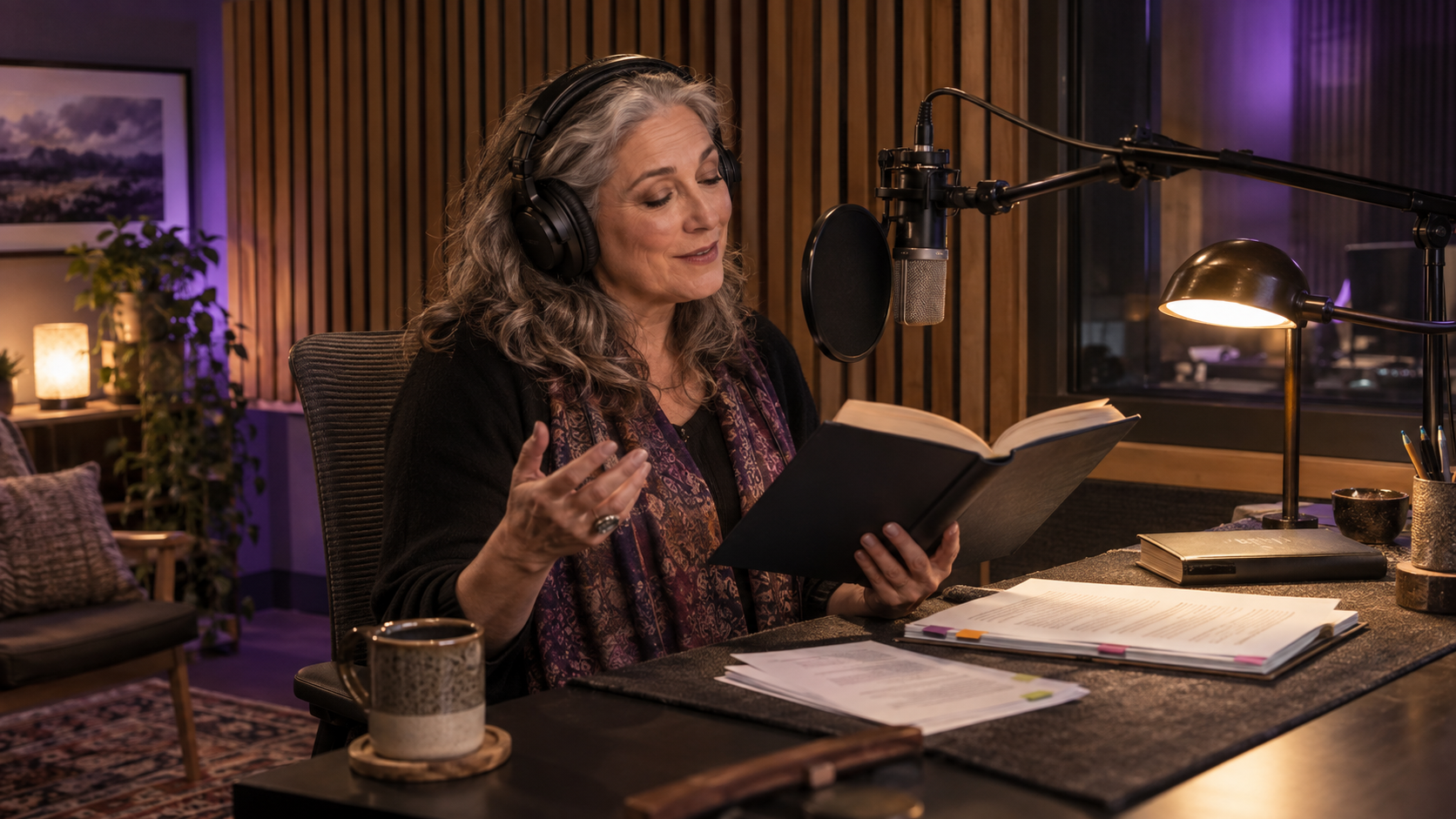 Audiobook narrator reading from an open book into a professional studio microphone