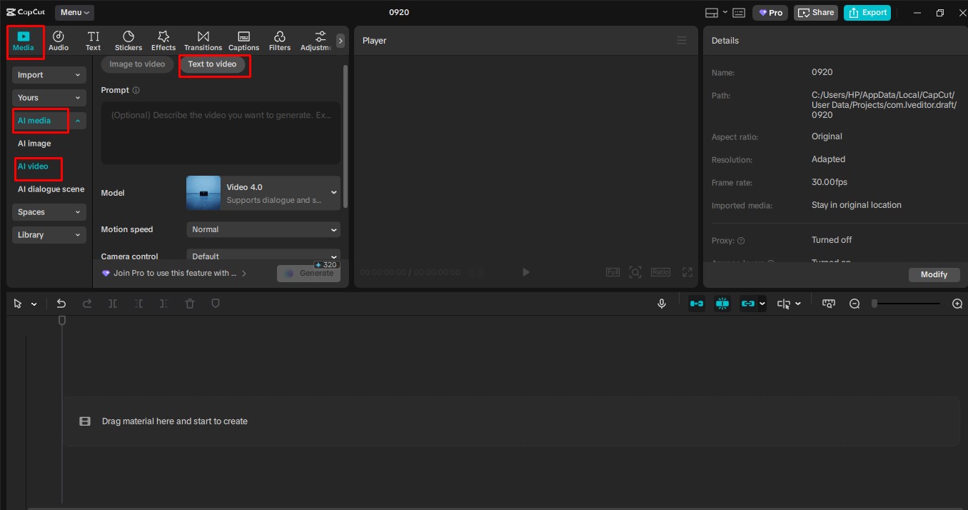 Access the text-to-video tool