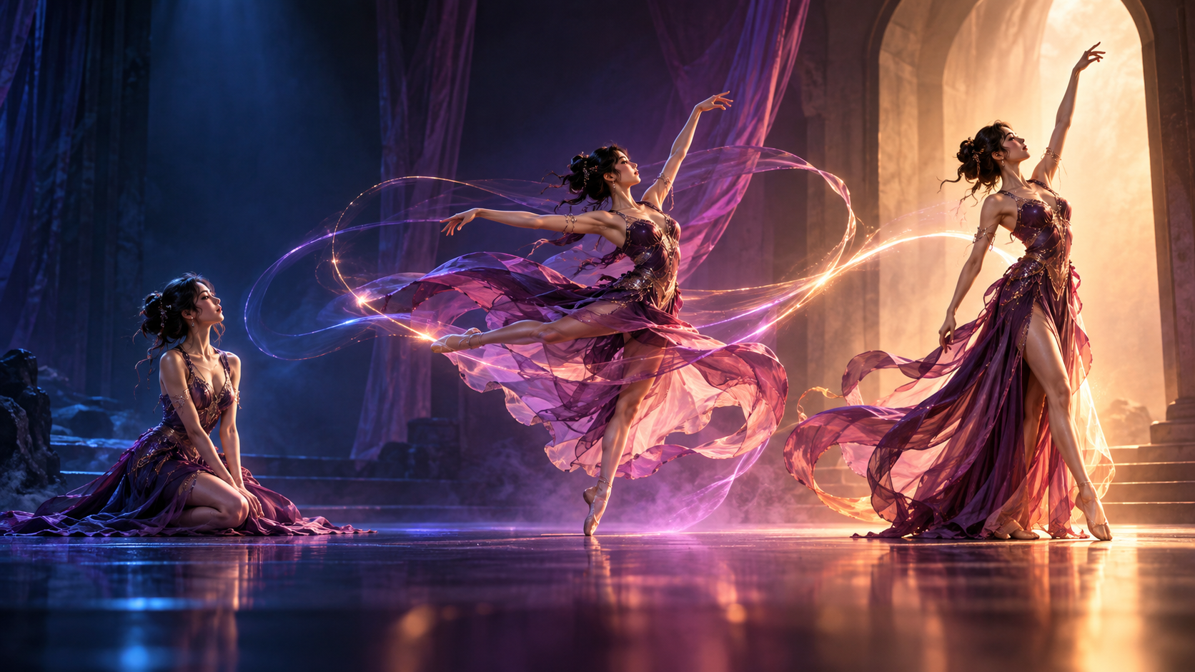 Dancer progressing from stillness through motion to a final pose