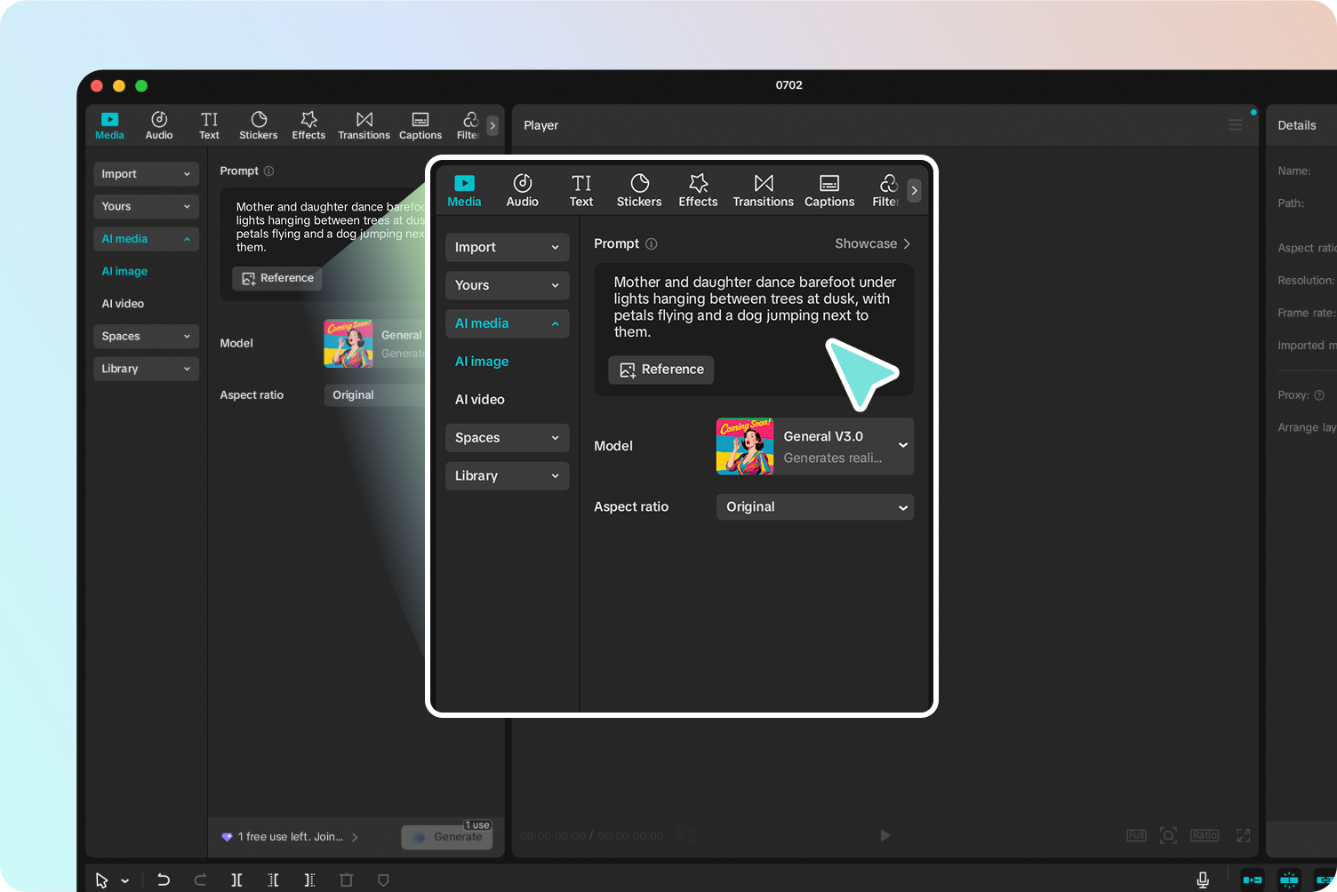 CapCut AI image generator interface with a text prompt and reference image upload box
