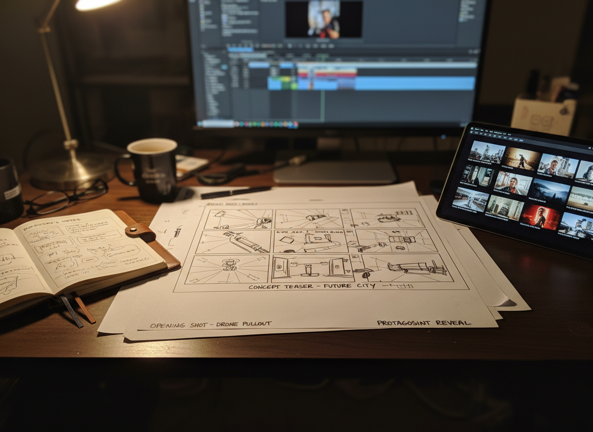 Cornici di storyboard sulla scrivania con note del regista e riferimenti cinematografici.
