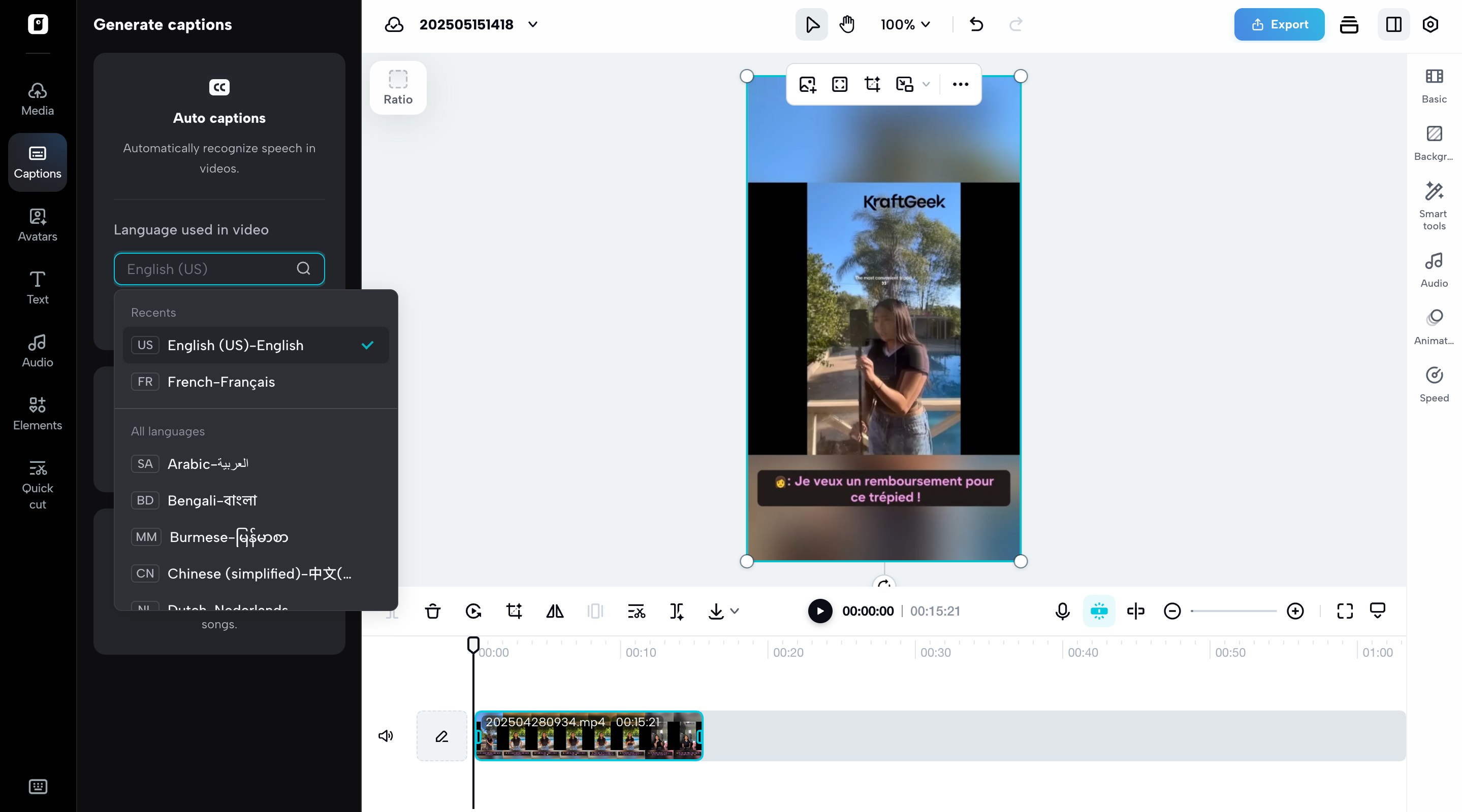 Auto caption generation with multiple languages